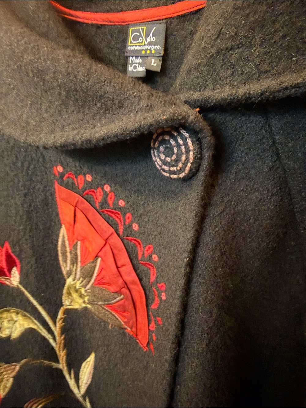 Gorgeous Statement Floral Embroidered Covelo Art Wear Black Wool Coat 🌹 Sz L - Picture 10 of 16
